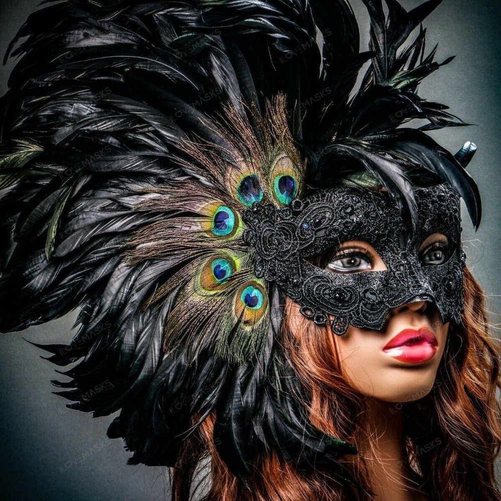 Black Carnival Mardi Gras Peacock black Feather Party Masquerade Mask